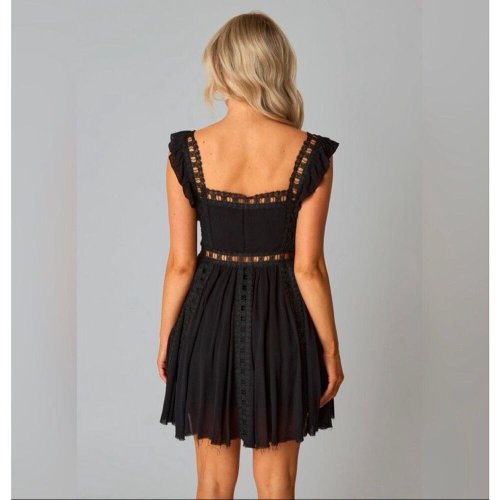 Free People Dress XS Verona Lace Trim Mini Black Square Neck Flare Gauzy Cotton - Picture 7 of 16